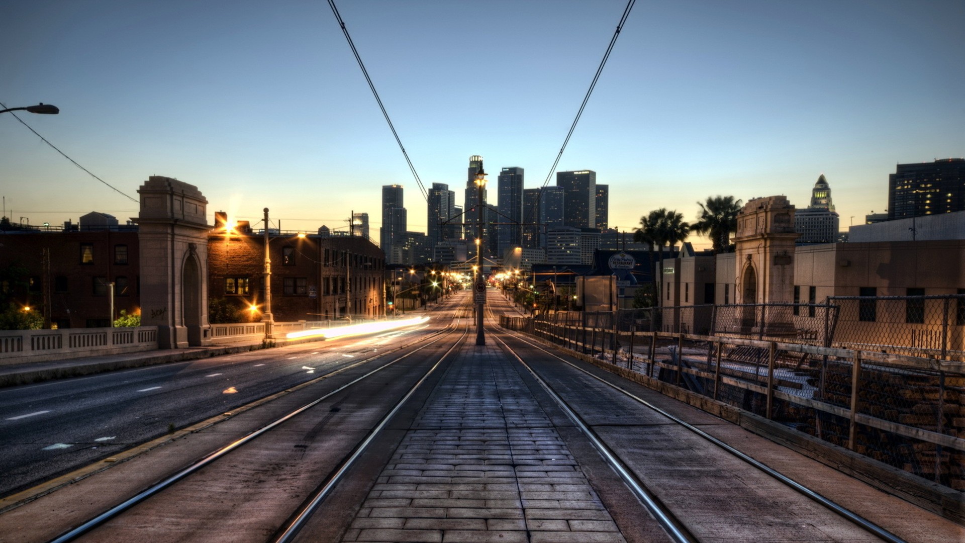 Trolley Tracks City Bridge Dawn Light Background Pictures